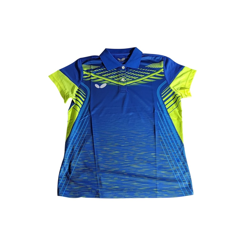 Butterfly Table Tennis Polo Shirt Blue Lime Green Graphic Sport Mens S fits XS